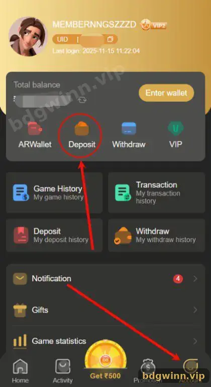 BDG Account page with Withdraw history used to check a pending withdrawal
