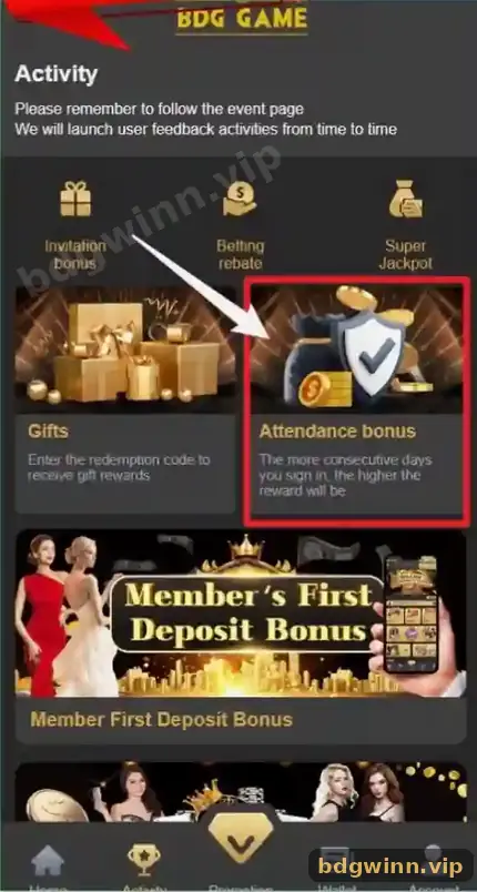 BDG Activity page with the Gifts card for entering redemption codes