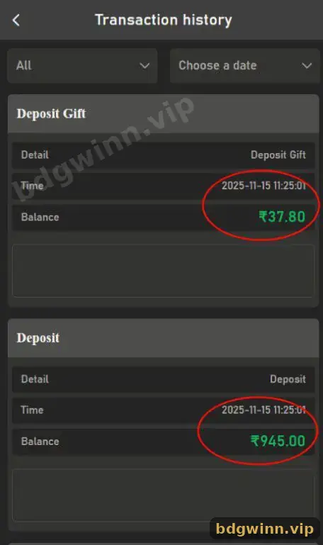 BDG Transaction history showing a ₹945.00 deposit and a ₹37.80 Deposit Gift credited at the same time