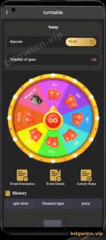 BDG turntable Lucky Spin screen showing today's deposits, number of spins, the prize wheel and Event Description, Event Details and Activity Rules