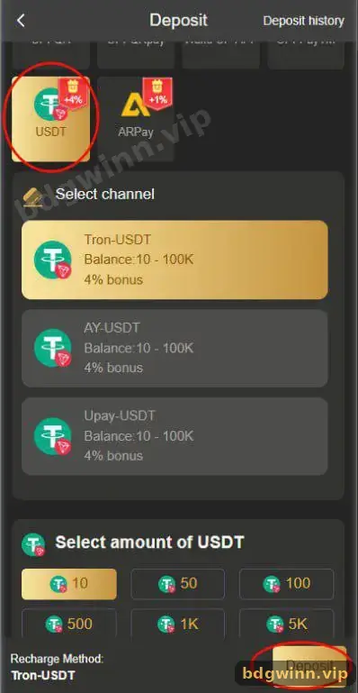 BDG Deposit screen with USDT (+4%) and ARPay (+1%) methods, Tron-USDT, AY-USDT and Upay-USDT channels and USDT amount buttons from 10 to 5K