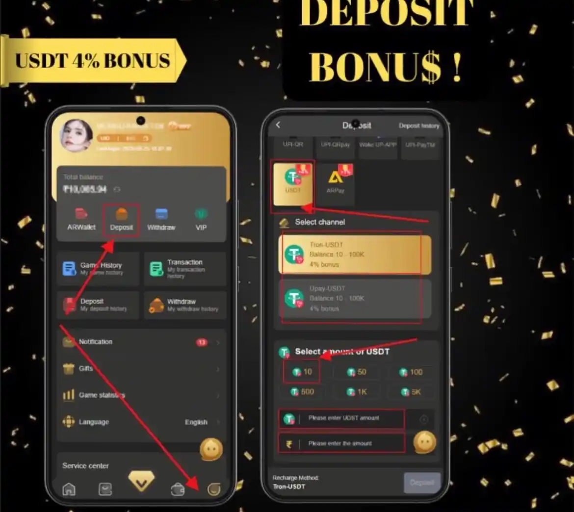 BDG Win login and account panel with wallet, deposit, withdraw and VIP options