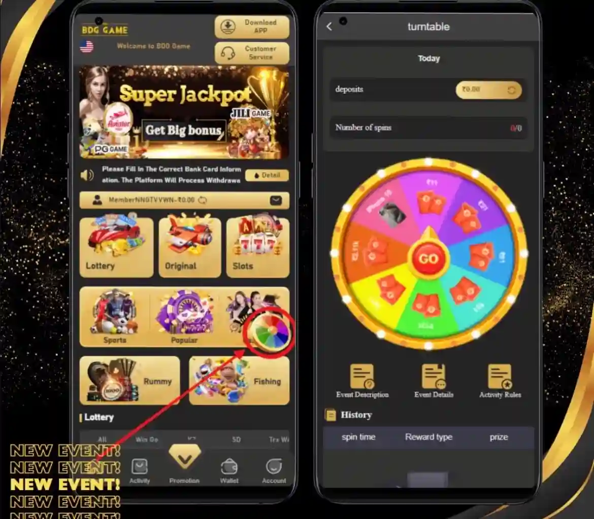 BDG Win app home screen showing lottery, slots and Super Jackpot on a black and gold interface
